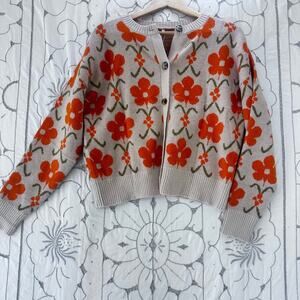 Minsure NWT Floral Knit Cardigan Small Cottagecore Retro Orange Flower Sweater